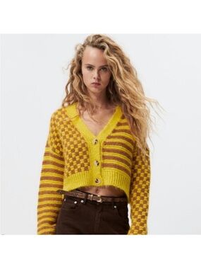 Zara Yellow and Brown Cropped Check & Stripe V‑Neck Cardigan